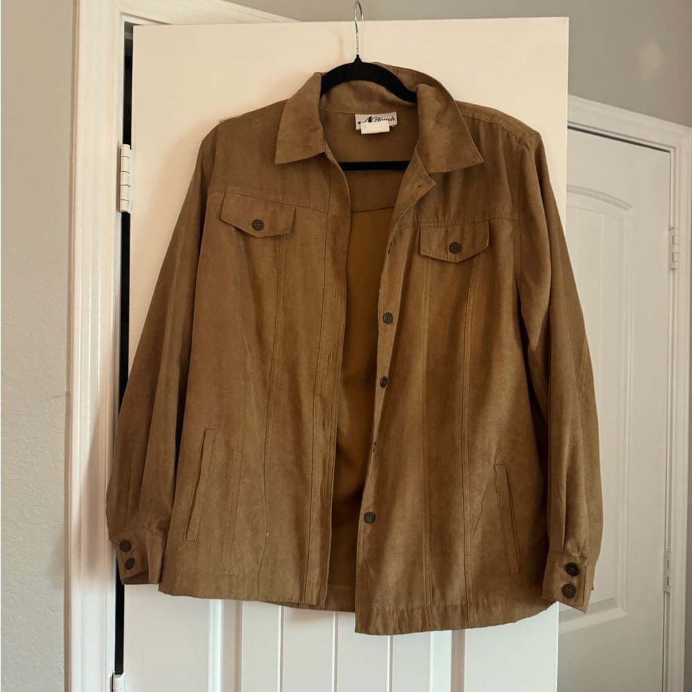 Suede Button-Front Jacket in Camel Brown